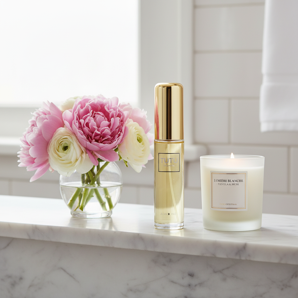 Tutu Woman perfume bottle on marble bathroom shelf with flowers and candle