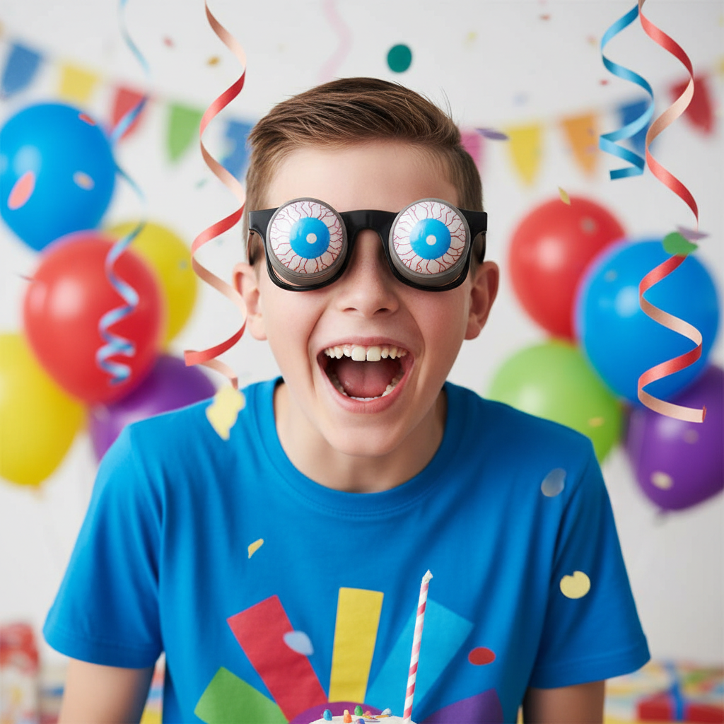 Boy wearing Joke Pop Out Eye Glasses at a birthday party laughing hysterically