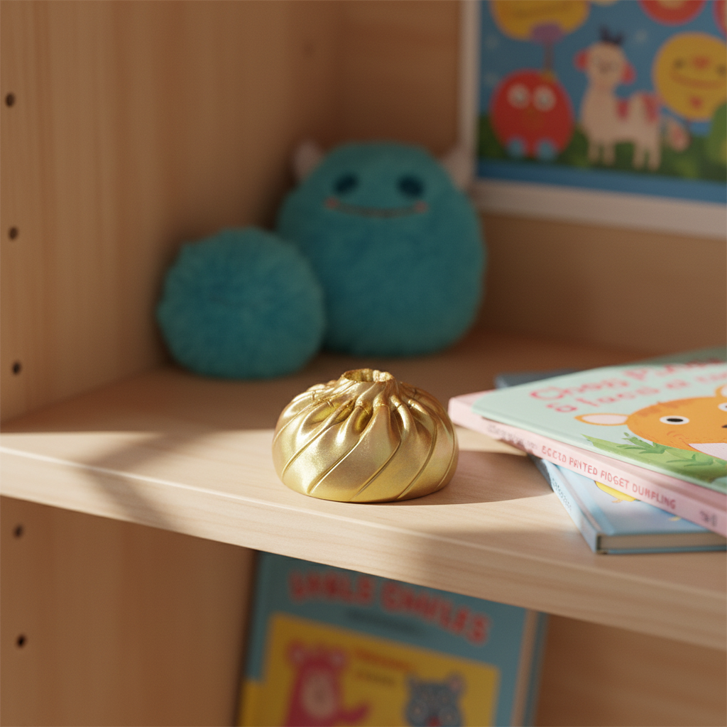 Gold yellow iridescent 3D Fidget Dumpling 8cm squishy sensory toy on children's bedroom shelf with natural window light