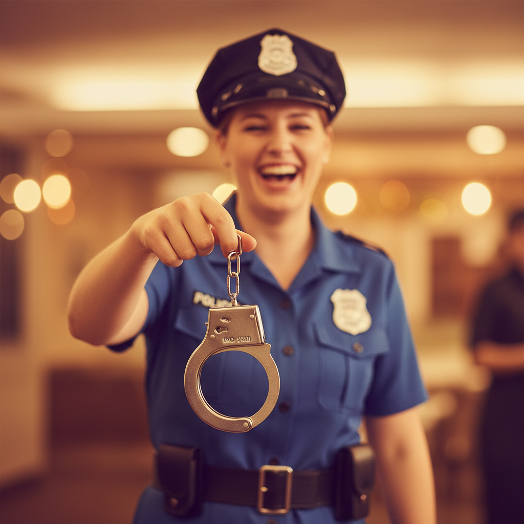 Person in police fancy dress costume holding polished chrome metal handcuffs, candid lifestyle moment