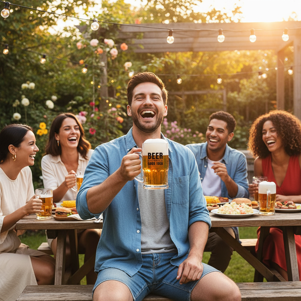 Man enjoying a cold beer in a Cooling Beer Gift Mug at a summer BBQ garden party