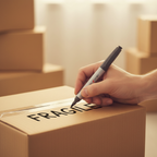 Person's hand writing a label on a cardboard box with a Swift permanent marker — candid lifestyle shot with creamy bokeh background