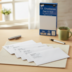 Stack of sealed Tallon White DL Envelopes ready to post — organised professional correspondence outcome
