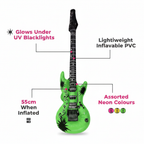 Neon inflatable guitar infographic showing key features including UV reactive, lightweight PVC, assorted colours