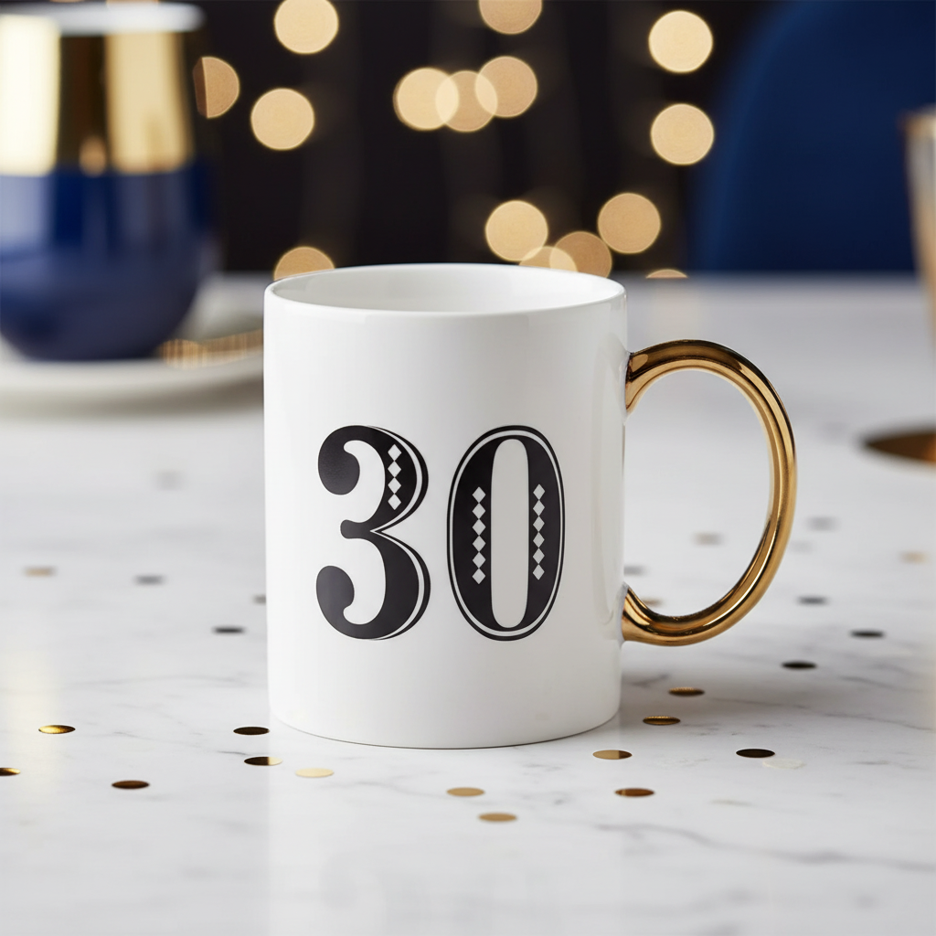 Art Deco 30th birthday gift mug with white base and blue gold geometric patterns on marble surface