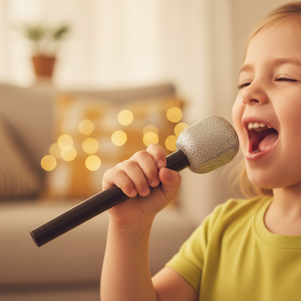 Child's hand holding silver glitter microphone mid-performance, candid singing moment with creamy bokeh background