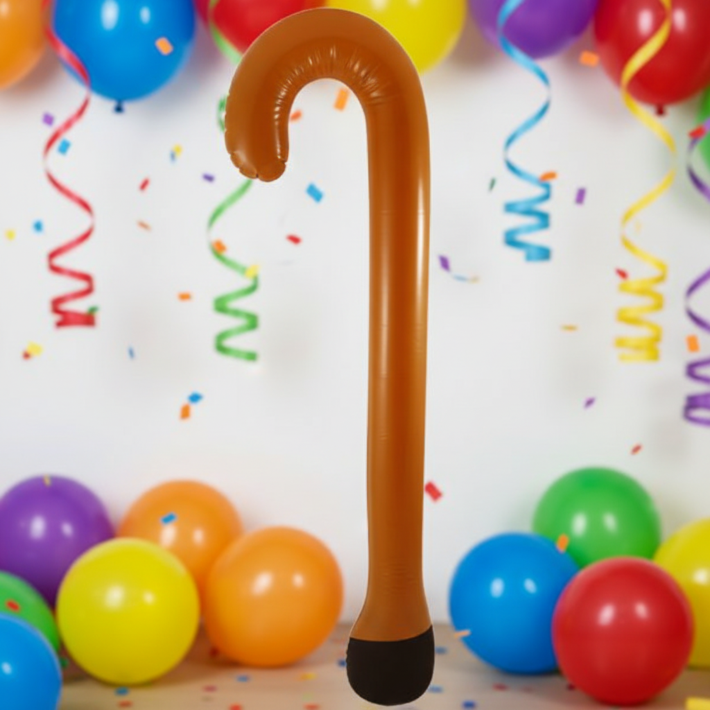 Inflatable walking stick in brown with black rubber tip displayed against a vibrant colourful party balloon background
