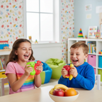 Two children comparing colourful Scrunchems squishy toys at table