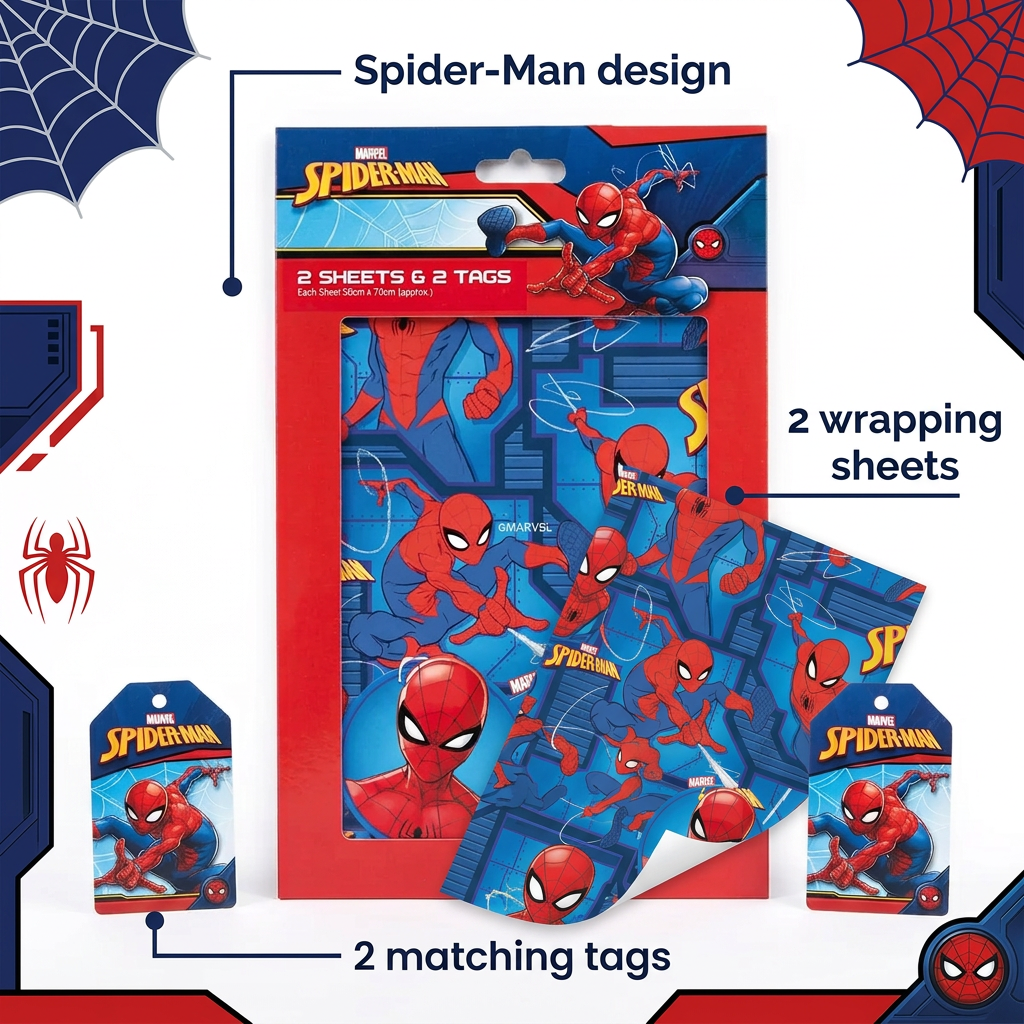 Spider-Man gift wrap feature graphic highlighting two wrapping sheets and two matching tags