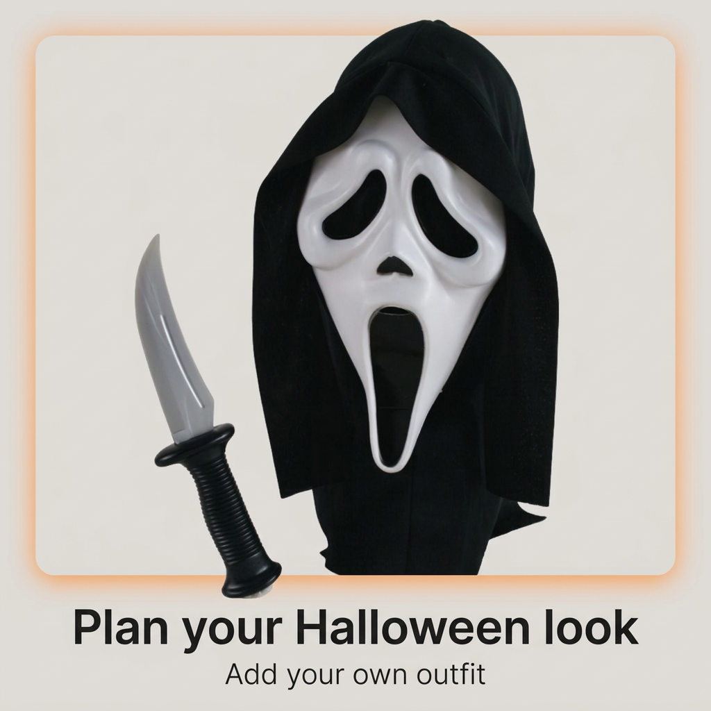 Ghost Face mask and knife with Halloween outfit planning text on a neutral background
