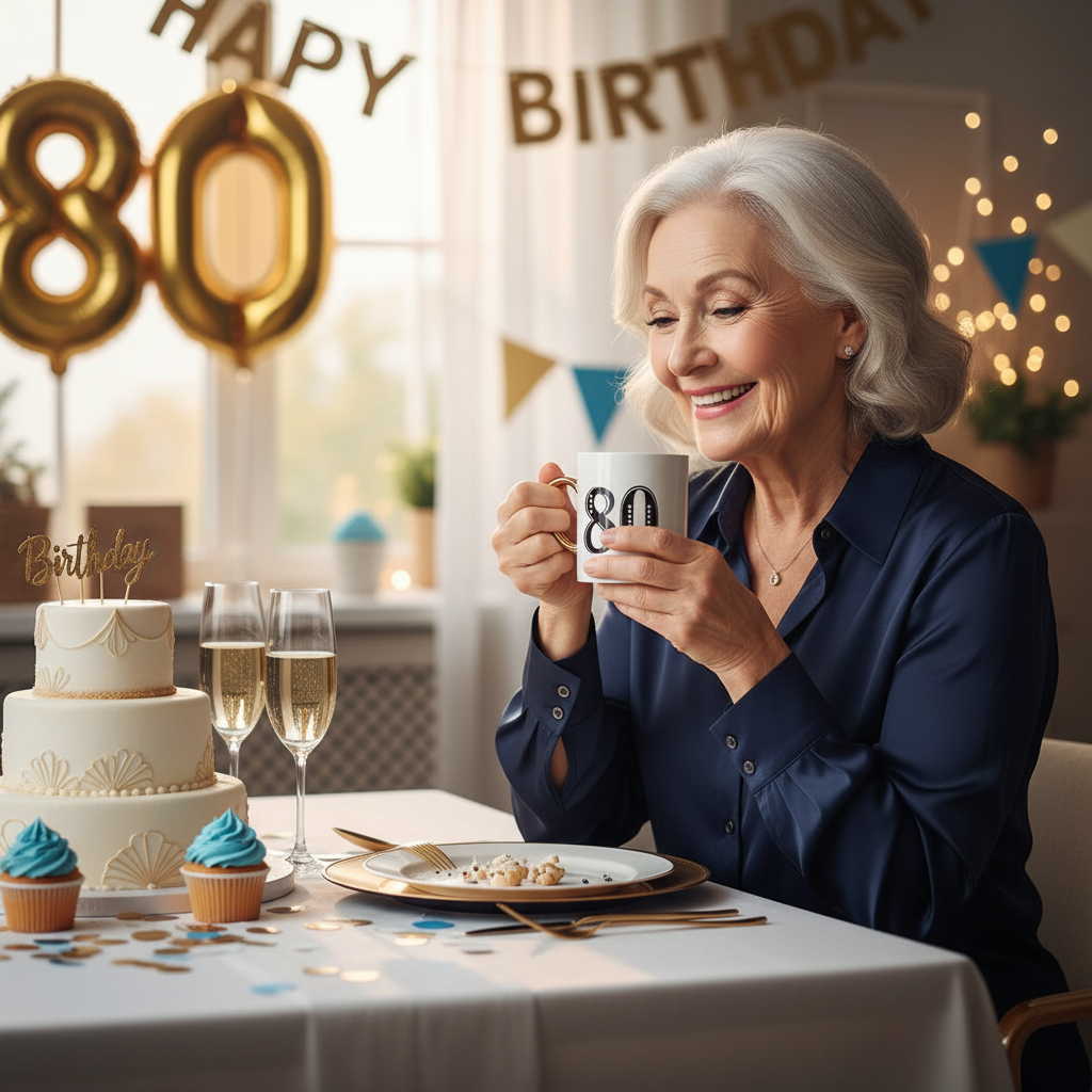 Senior woman celebrating 80th birthday enjoying hot beverage from Art Deco gift mug
