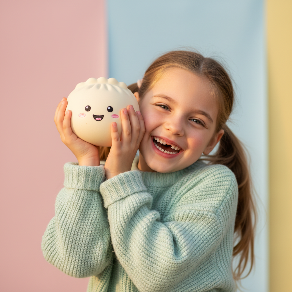 Young girl holding Squishy Dumpling Toy 8.5cm and giggling with delight