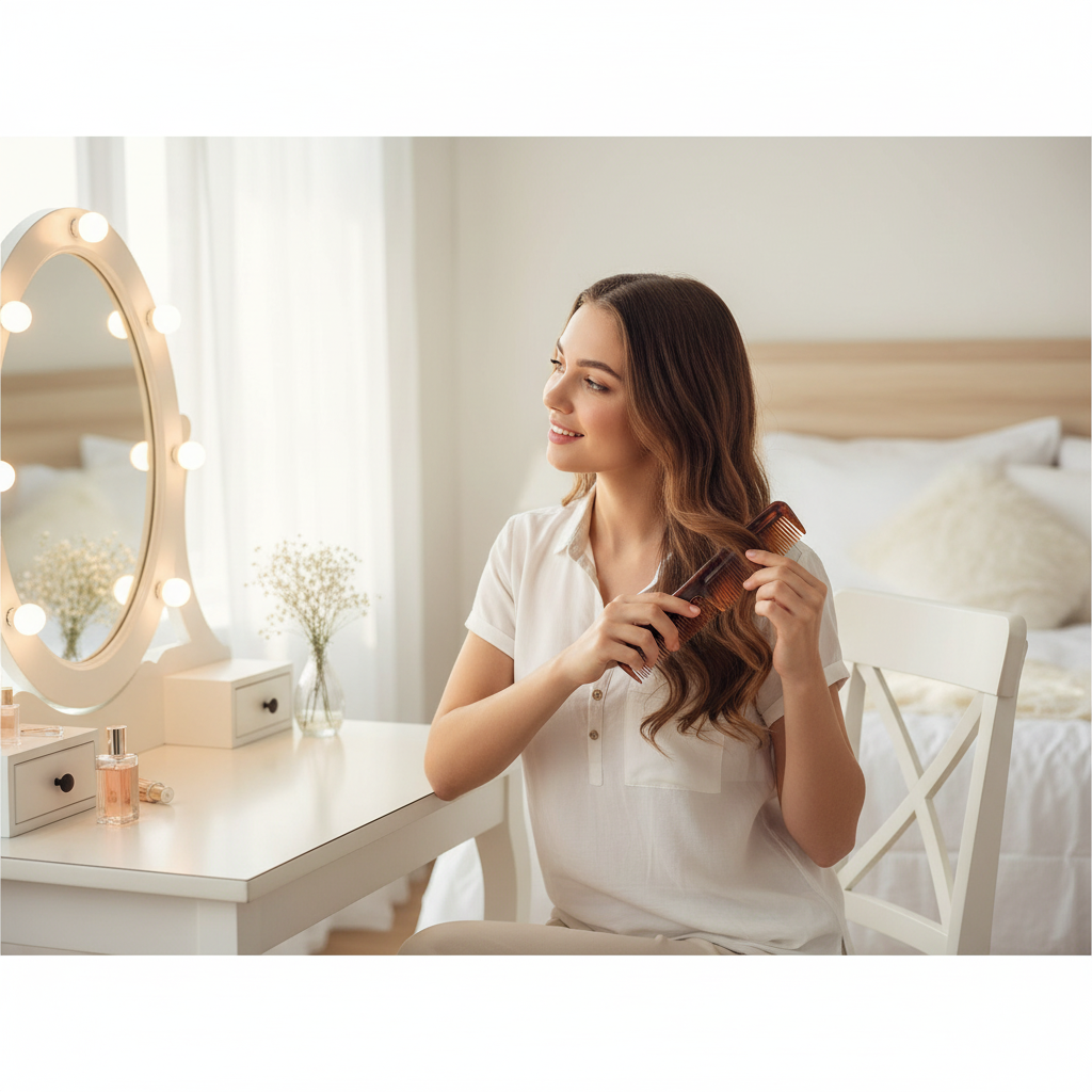Young woman styling hair with tortoiseshell comb at vanity mirror - Hair Comb Set lifestyle