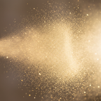 Extreme macro close-up of ultra-fine gold glitter particles from Party Success Hair Spray catching studio light, showing premium shimmer quality