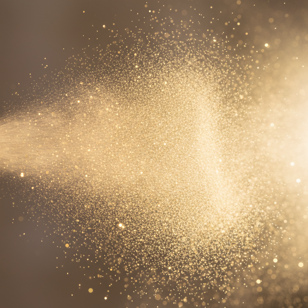 Extreme macro close-up of ultra-fine gold glitter particles from Party Success Hair Spray catching studio light, showing premium shimmer quality