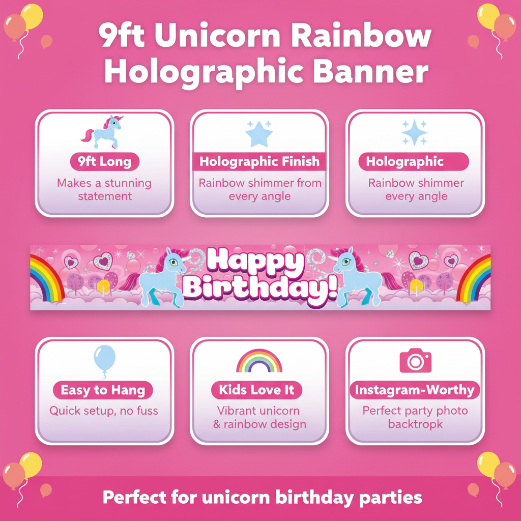 9ft Unicorn Rainbow Birthday Holographic Banner – holographic shimmer finish, easy to hang, 9 foot length, vibrant unicorn and rainbow design, perfect Instagram-worthy party backdrop for kids birthday celebrations
