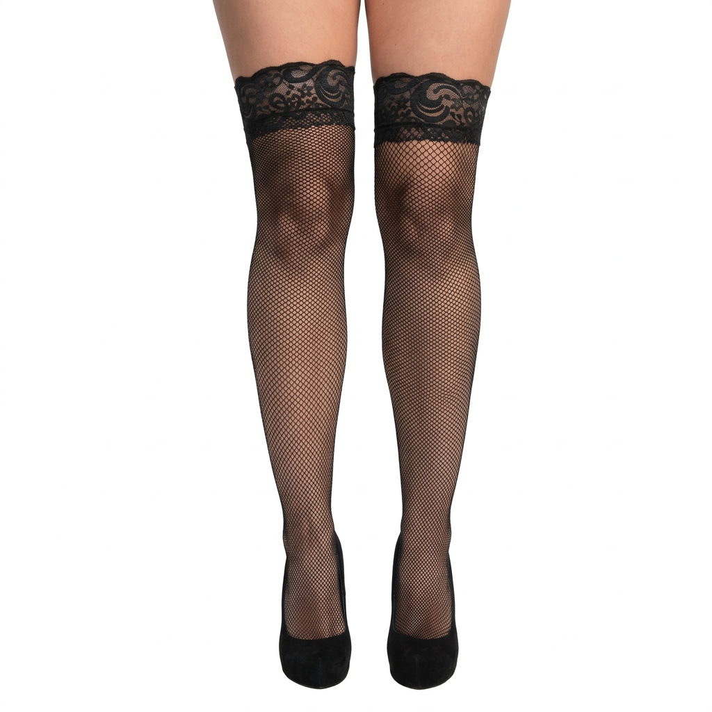Black fishnet thigh high stockings with scalloped lace tops worn with black shoes on a white background