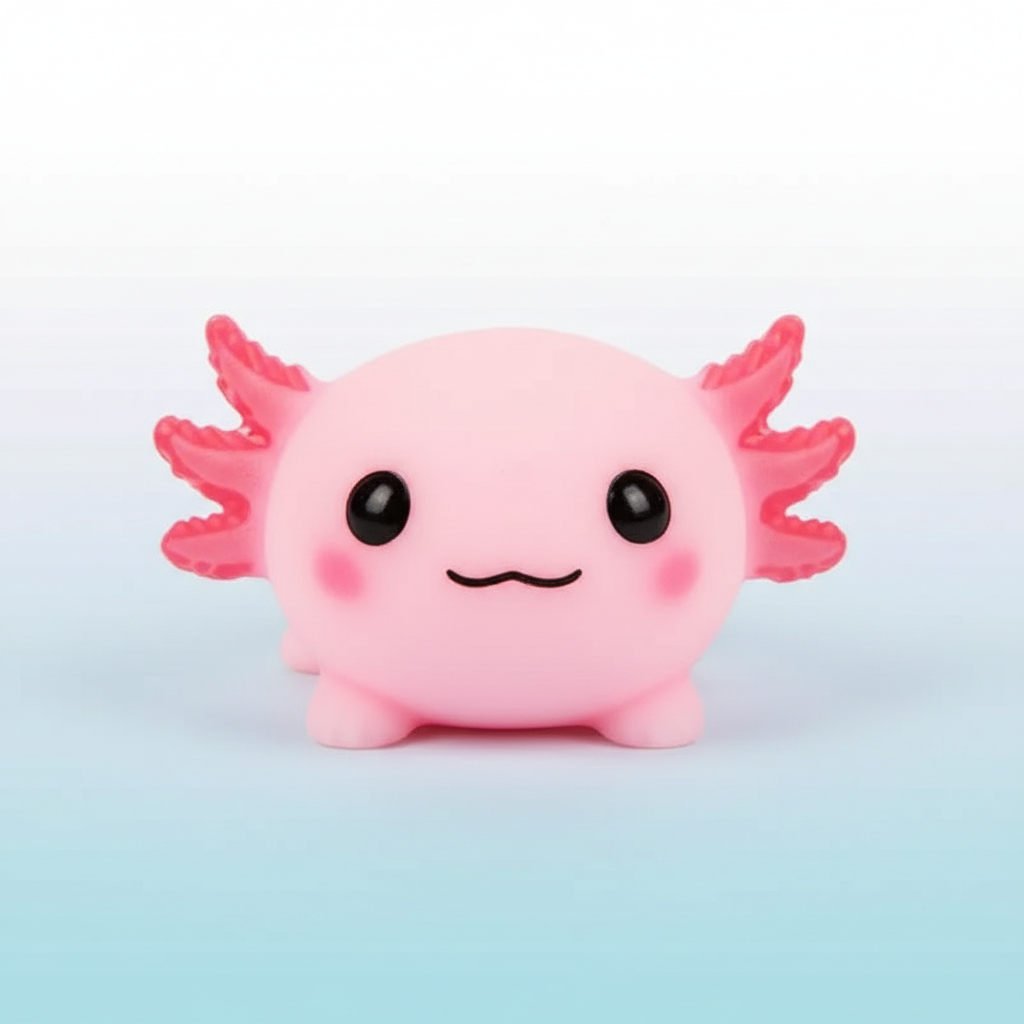 Smooshy Lotl soft squishy axolotl toy in pastel pink on aqua gradient background – sensory squeeze toy for kids