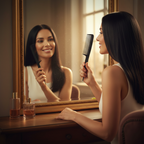 Confident woman with perfectly styled hair holding jet black professional comb at vanity, golden hour aspirational lifestyle