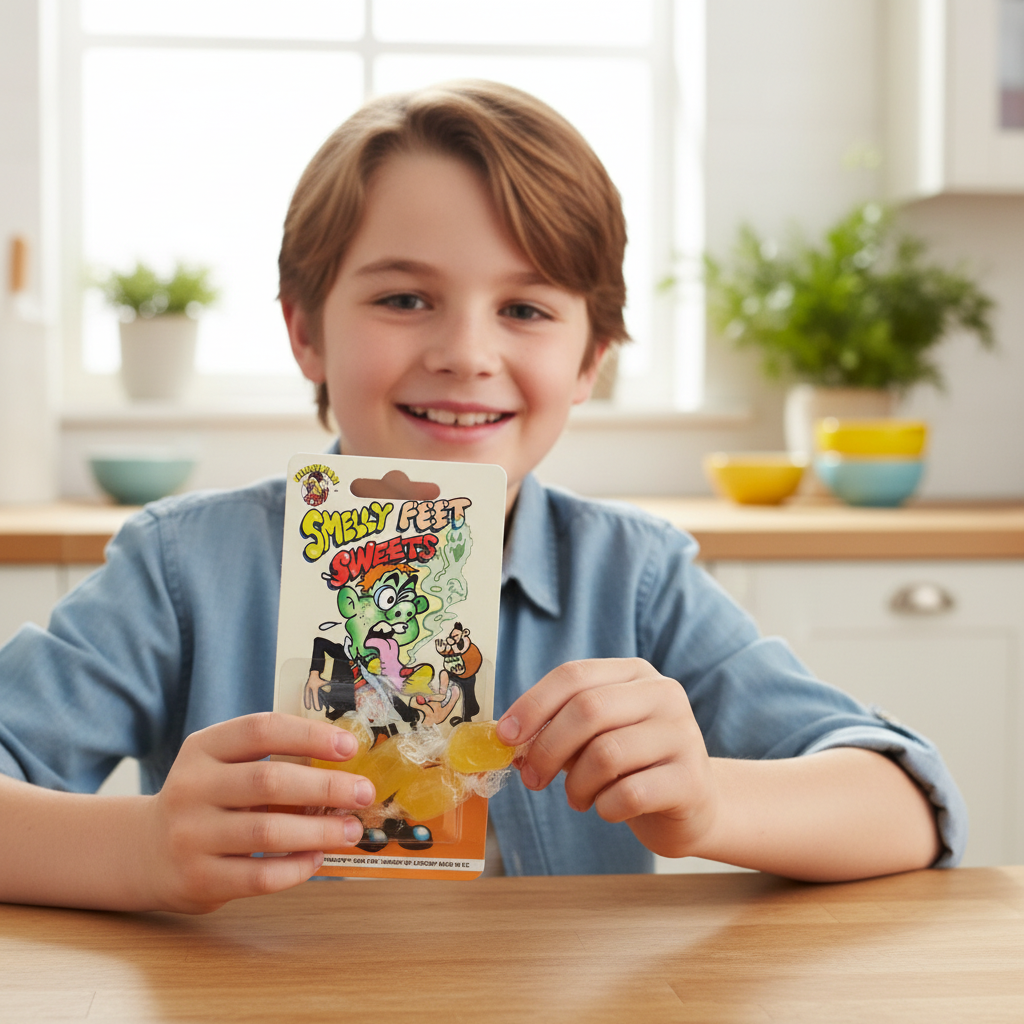 Child picking a yellow jelly sweet from Funnyman Smelly Feet Sweets blister card packaging at kitchen table