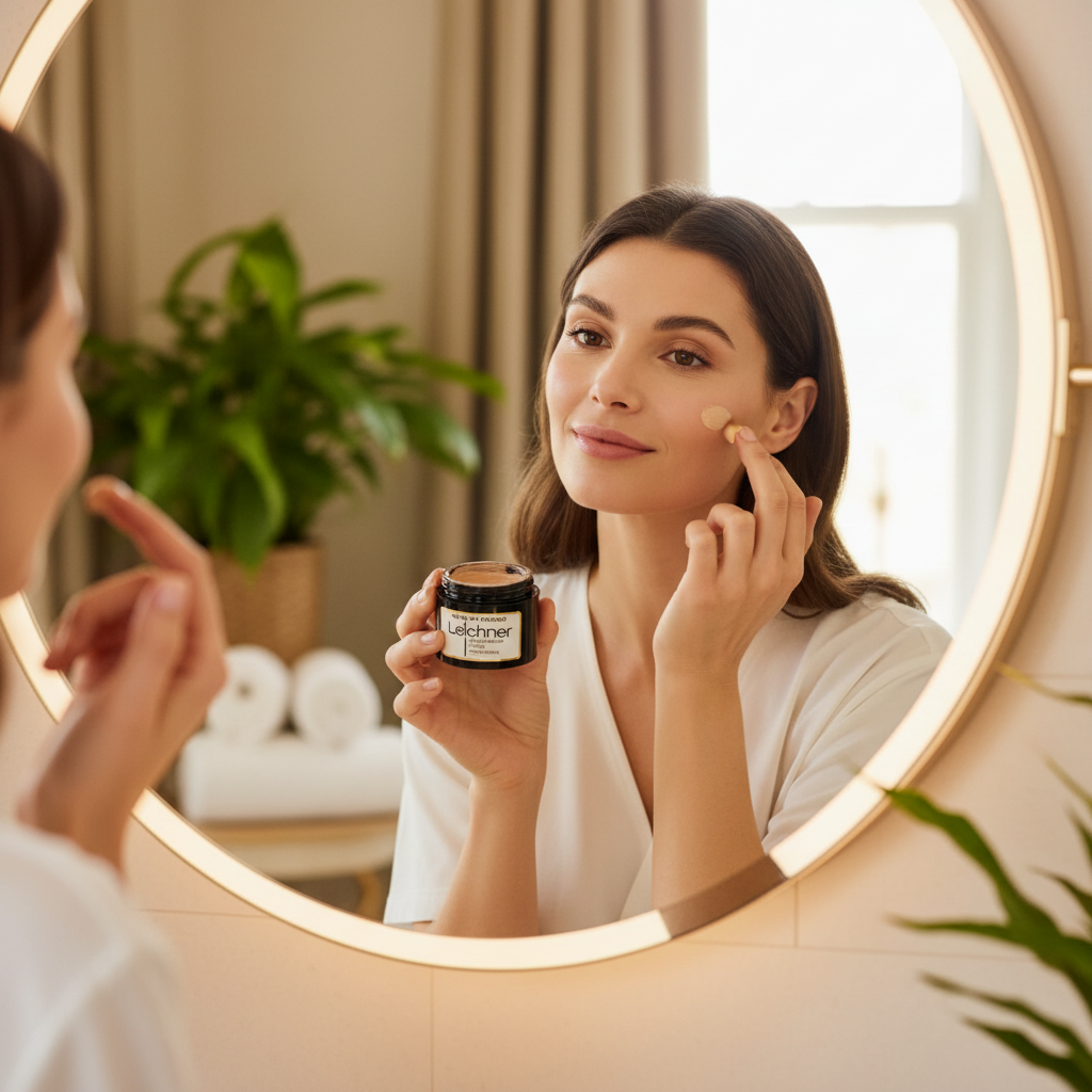 Woman applying Leichner Camera Clear Foundation Almond shade - lifestyle beauty image