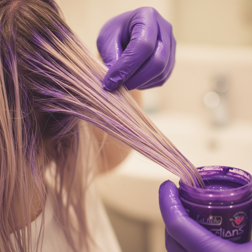 Person applying La Riche Directions Violet hair dye to hair strands, candid application moment with bokeh background