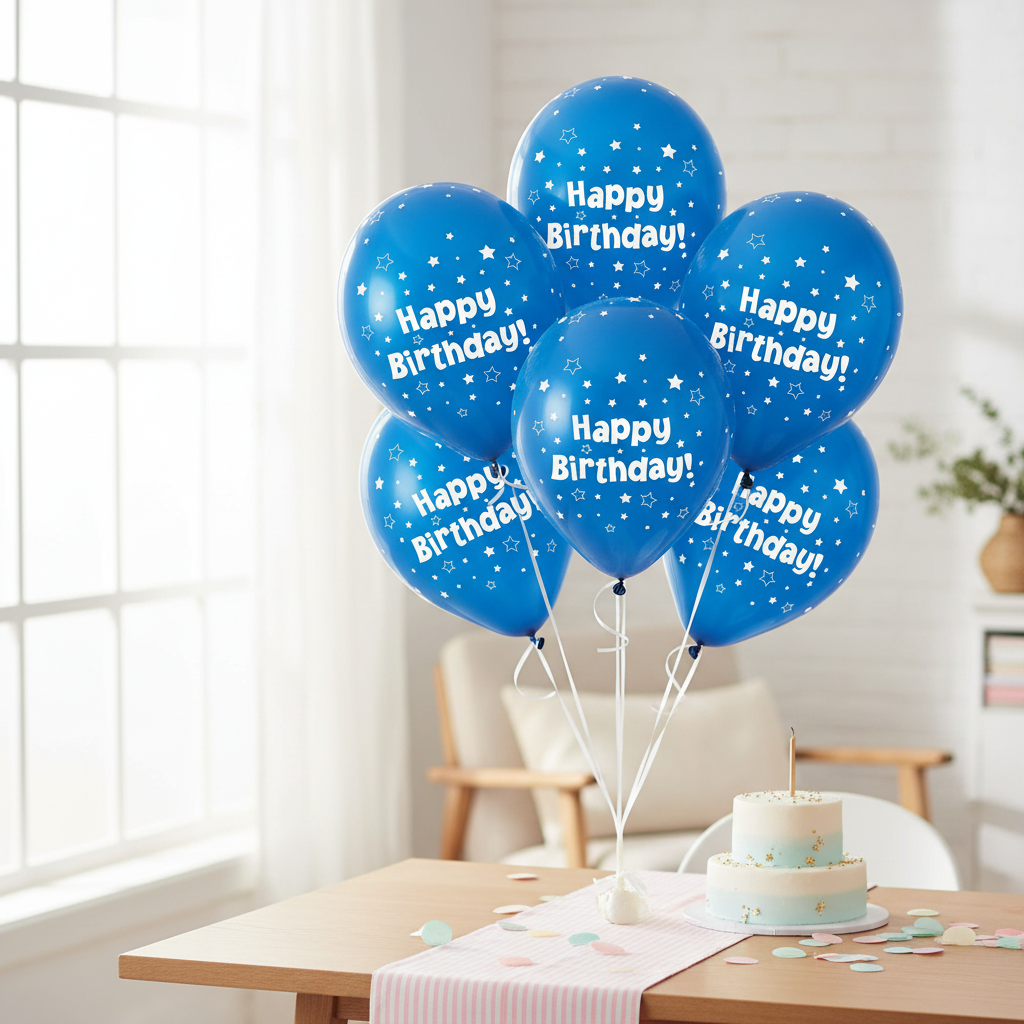 Six metallic blue star Happy Birthday balloons floating in a beautifully styled home party setting with natural window light