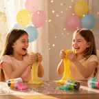 Two girls laughing and playing with Giggletastic Boba Slime Stack Toy at a colourful slime party with balloons