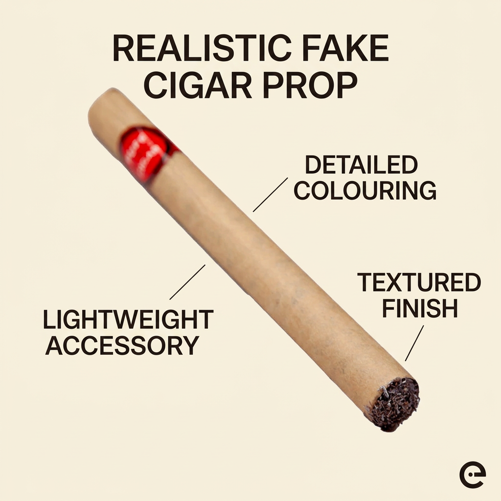 A realistic fake cigar prop shown diagonally on a light beige background with text labels highlighting its features: 'REALISTIC FAKE CIGAR PROP,' 'DETAILED COLOURING,' 'TEXTURED FINISH,' and 'LIGHTWEIGHT ACCESSORY.'.