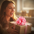 Joyful woman receiving a gift topped with a large light pink pull bow, golden hour celebration