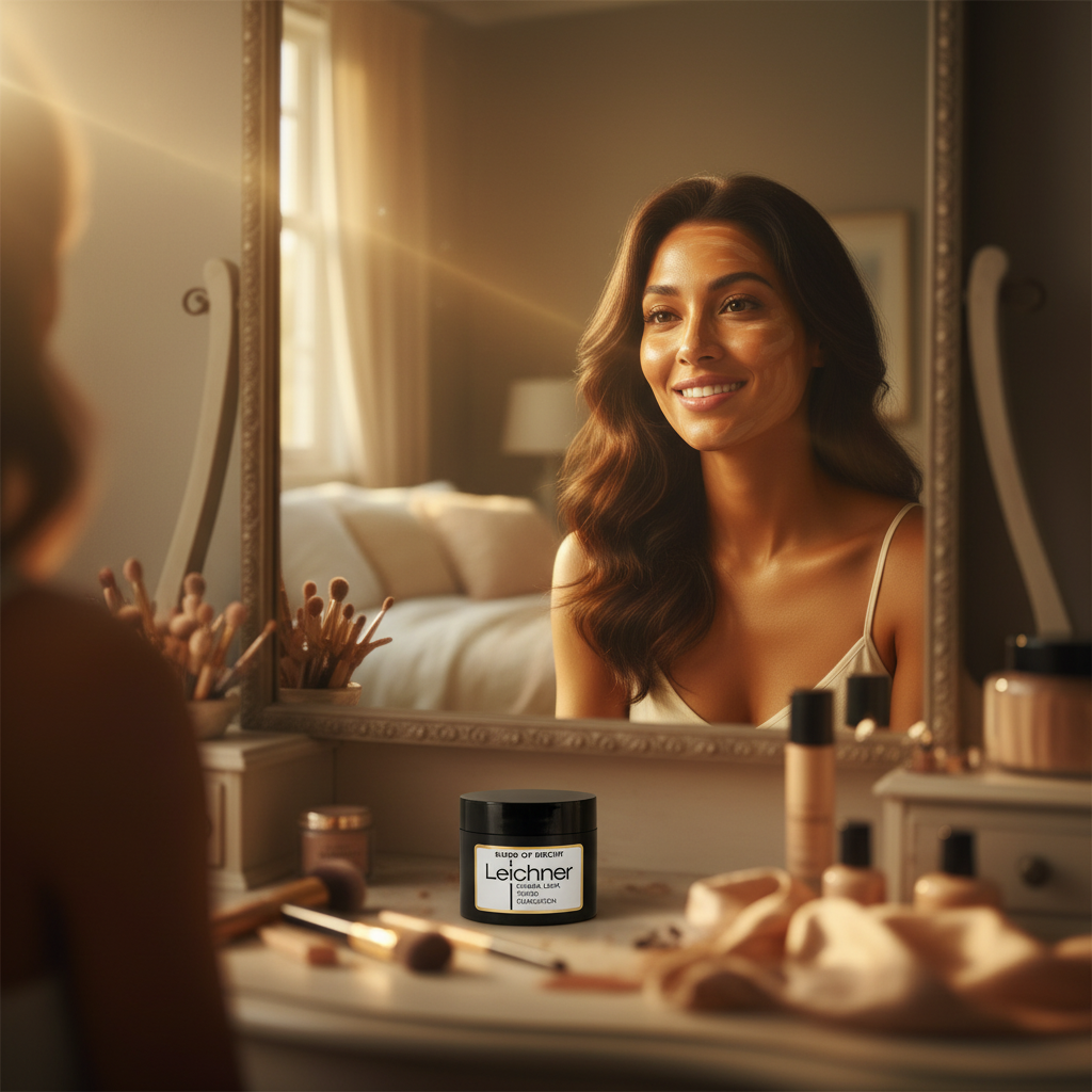 Woman glowing with confidence in golden hour light, Leichner foundation aspirational beauty scene