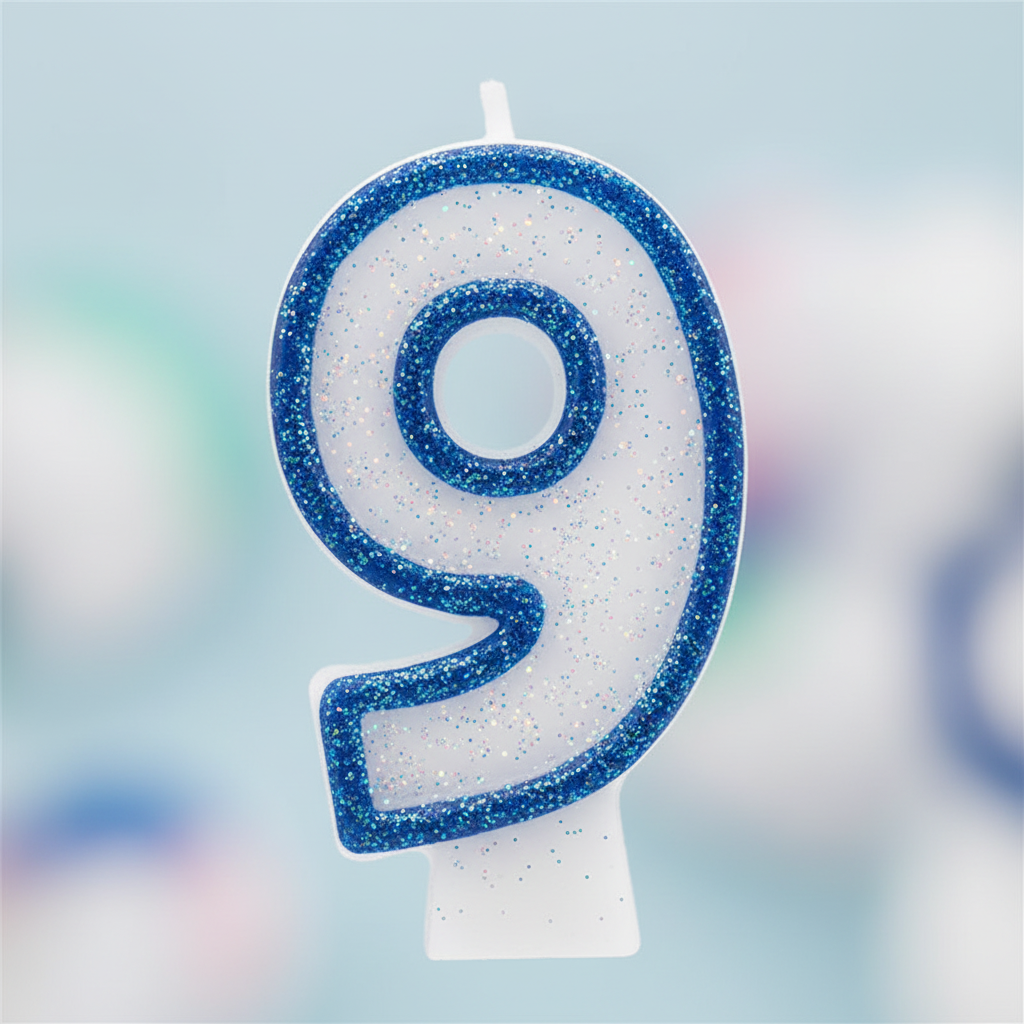 Extreme macro close-up of royal blue glitter border on number 9 birthday candle, iridescent sparkle texture detail