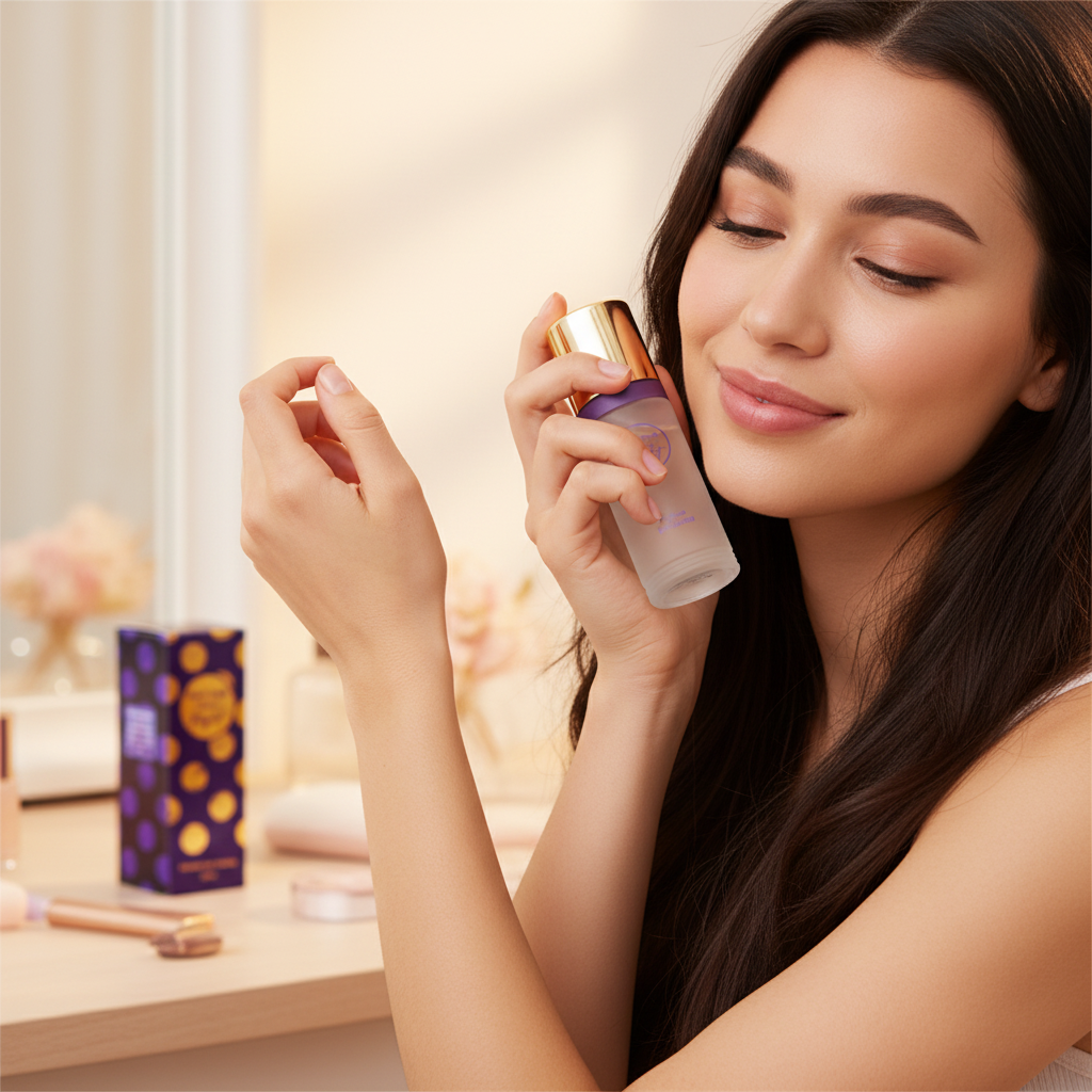 Woman applying New York Dolls Night perfume — candid lifestyle moment with frosted bottle and metallic gold cap