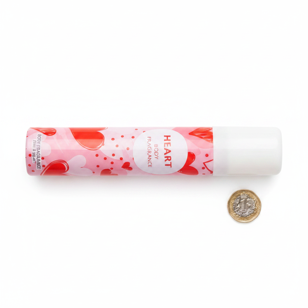 Insette Heart Body Fragrance 75ml aerosol spray can beside a UK £1 coin on white background to show product size
