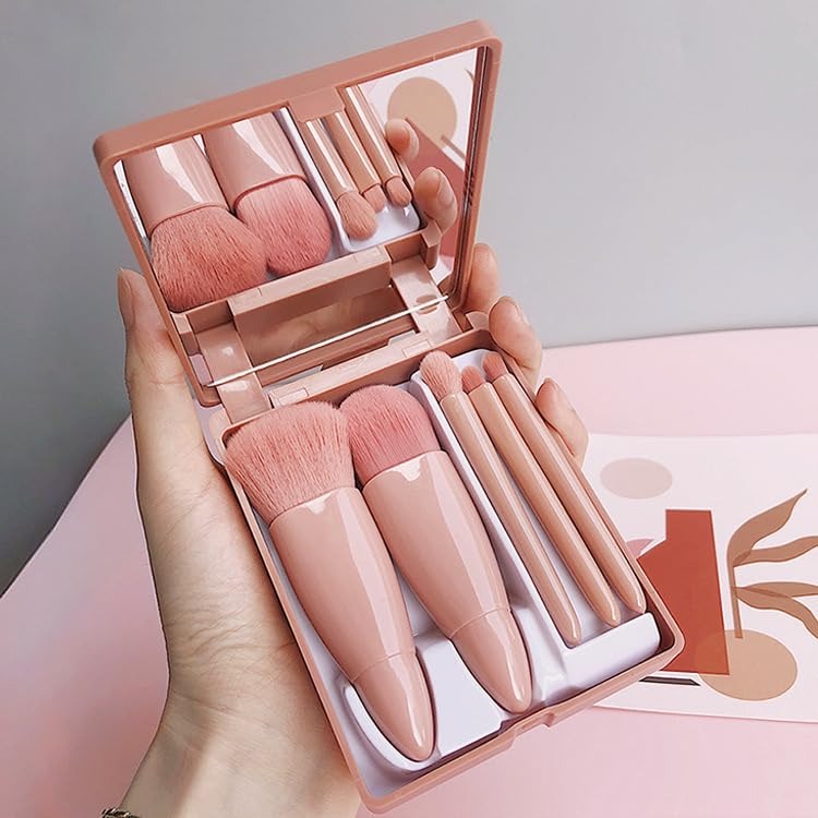 Portable Makeup Brush Set With Mirror 5 Pieces Beige