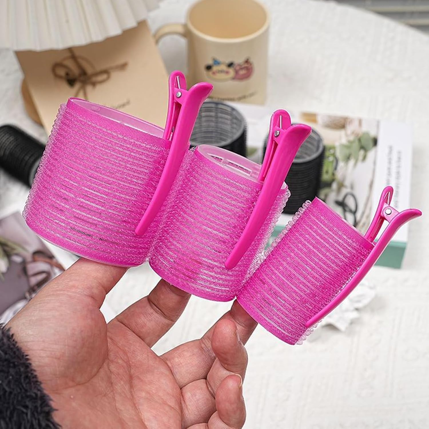 18 Pack Heatless Hair Curling Set - Pink Velcro Rollers 3 Sizes