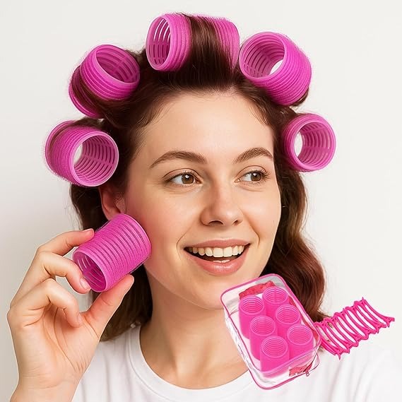 18-piece pink heatless hair roller set with 12 clips