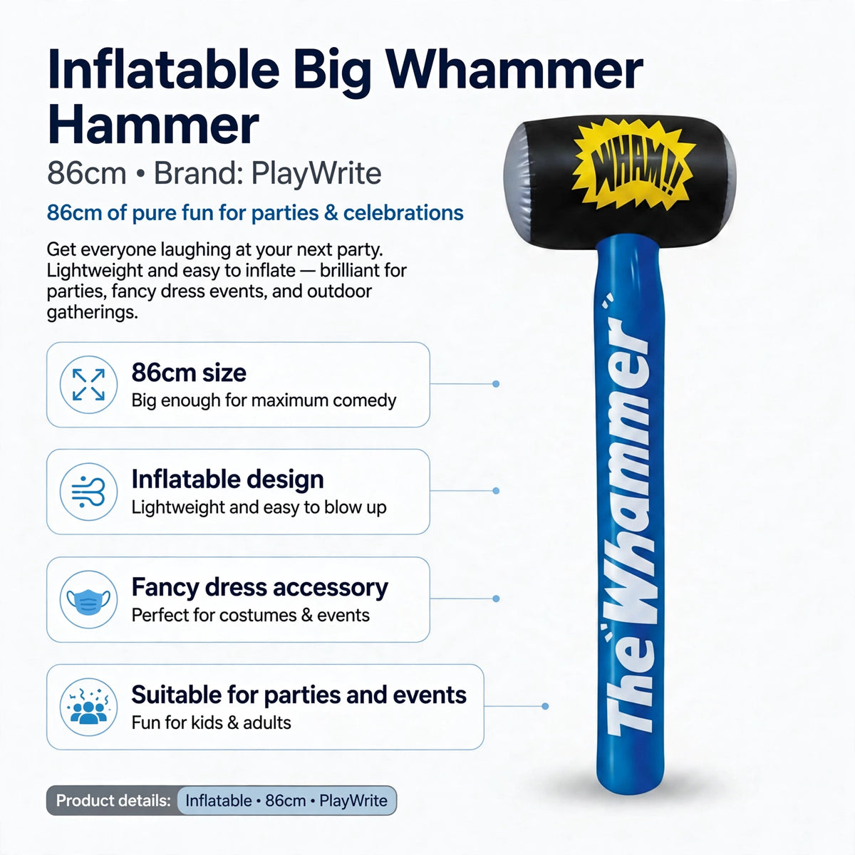 Infographic showing 86cm size and inflatable design of Big Whammer Hammer