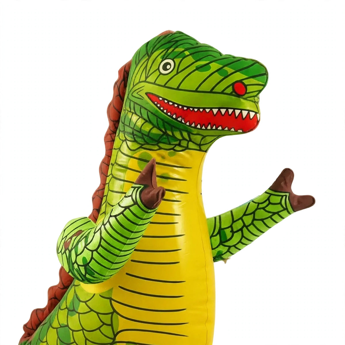 Close-up view of the inflatable dinosaur showing the green T-Rex design