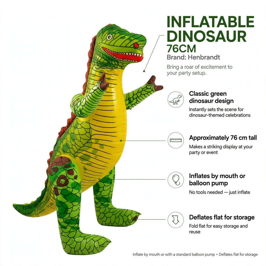 Features classic green dinosaur design, 76 cm height, inflates by mouth or balloon pump, deflates flat for storage