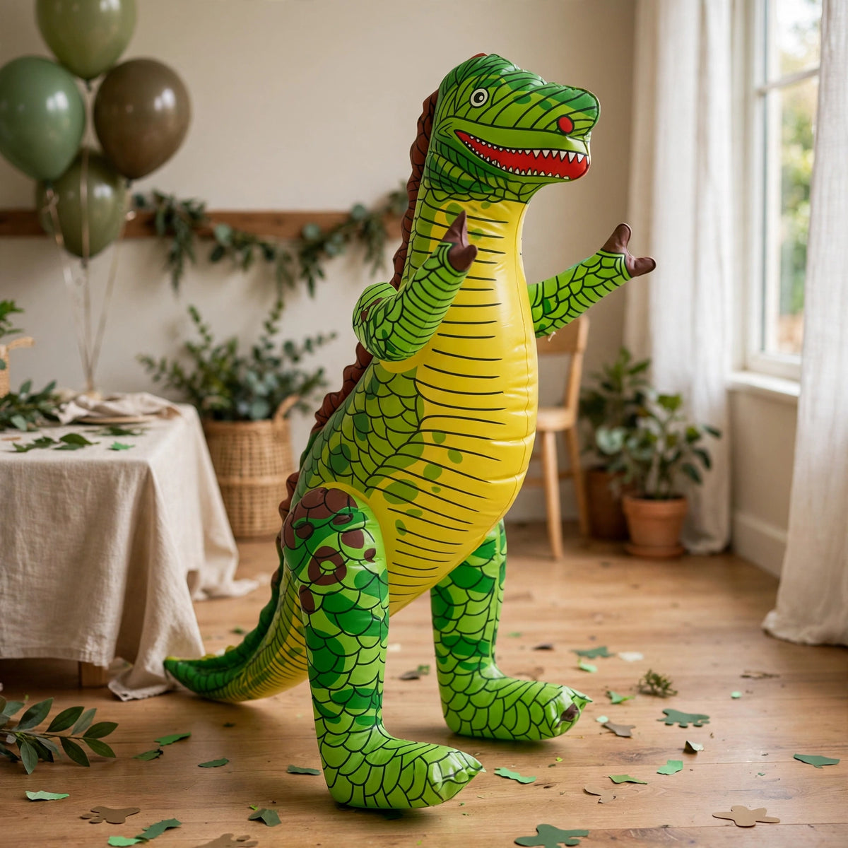 Inflatable Dinosaur 76cm displayed as a centrepiece at a dinosaur-themed party