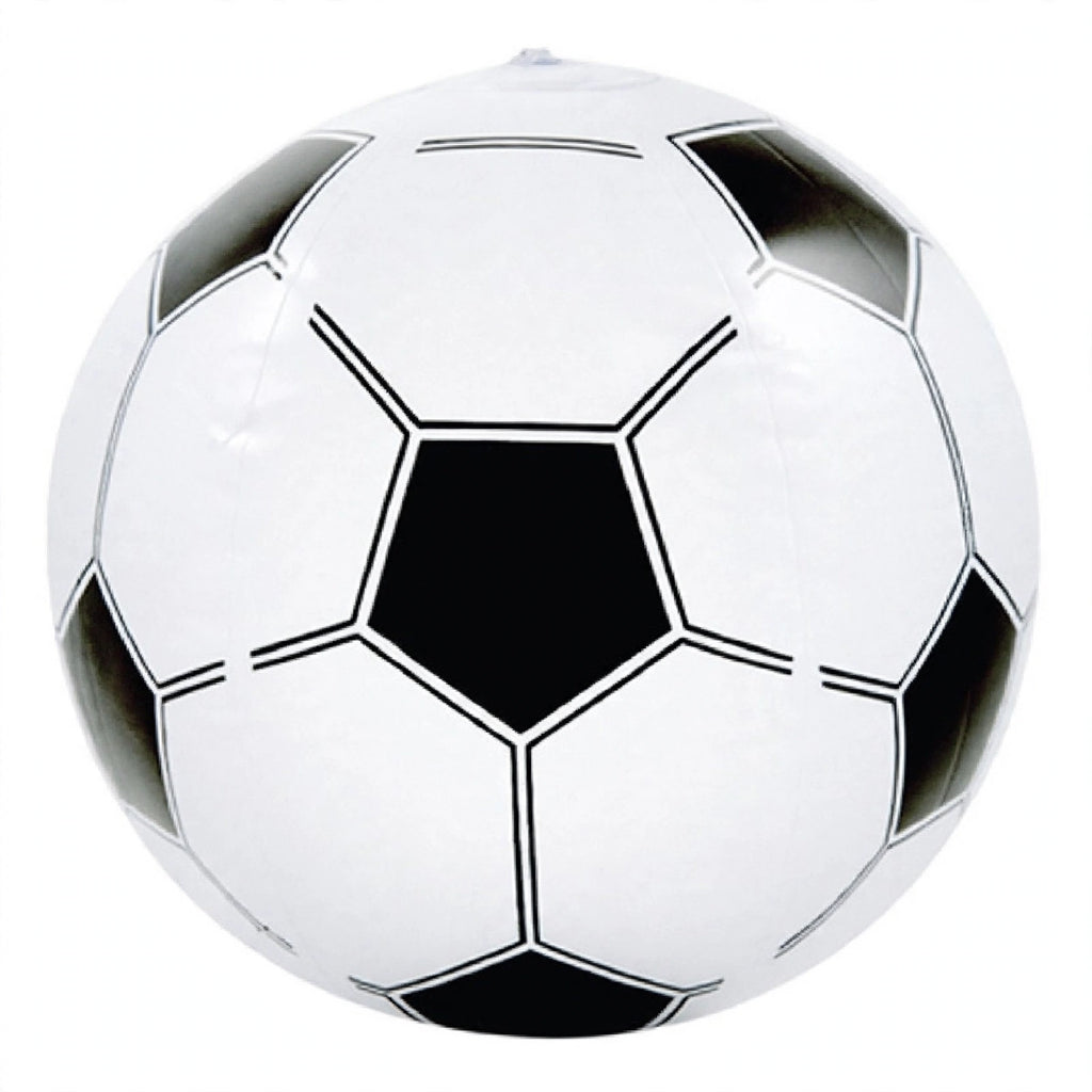 Inflatable football with black and white hexagonal panel design and glossy finish