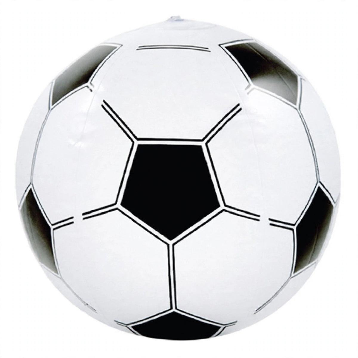 Inflatable football with black and white hexagonal panel design and glossy finish