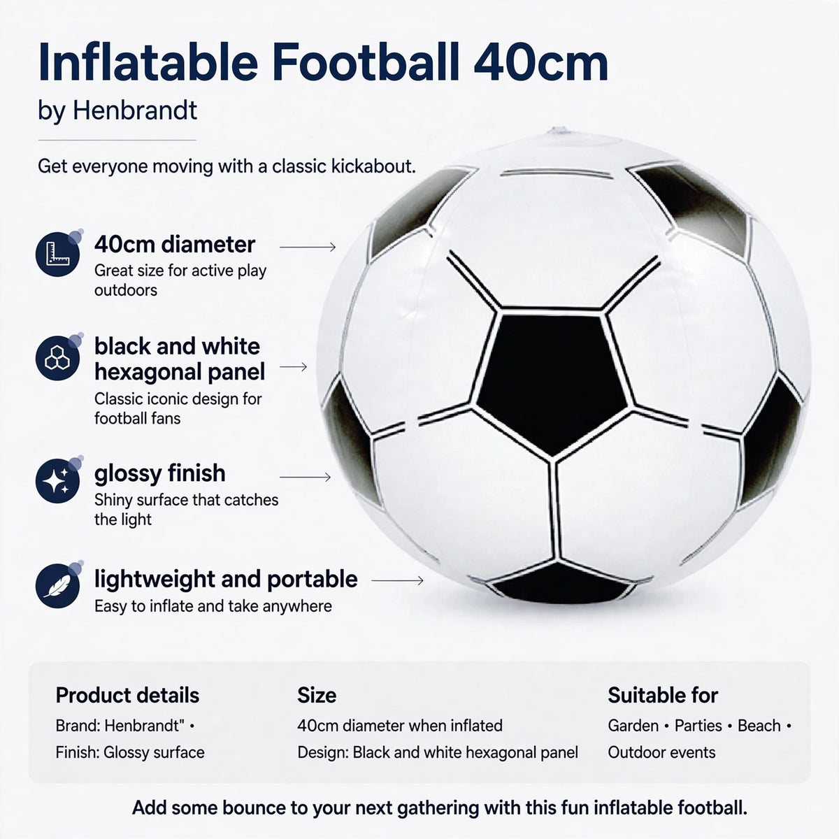 Infographic showing 40cm diameter, black and white hexagonal panel design, glossy surface, and lightweight portability