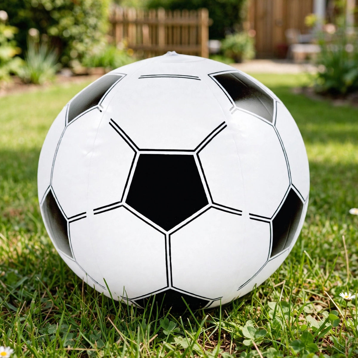 Inflatable football being used outdoors at a garden or beach setting