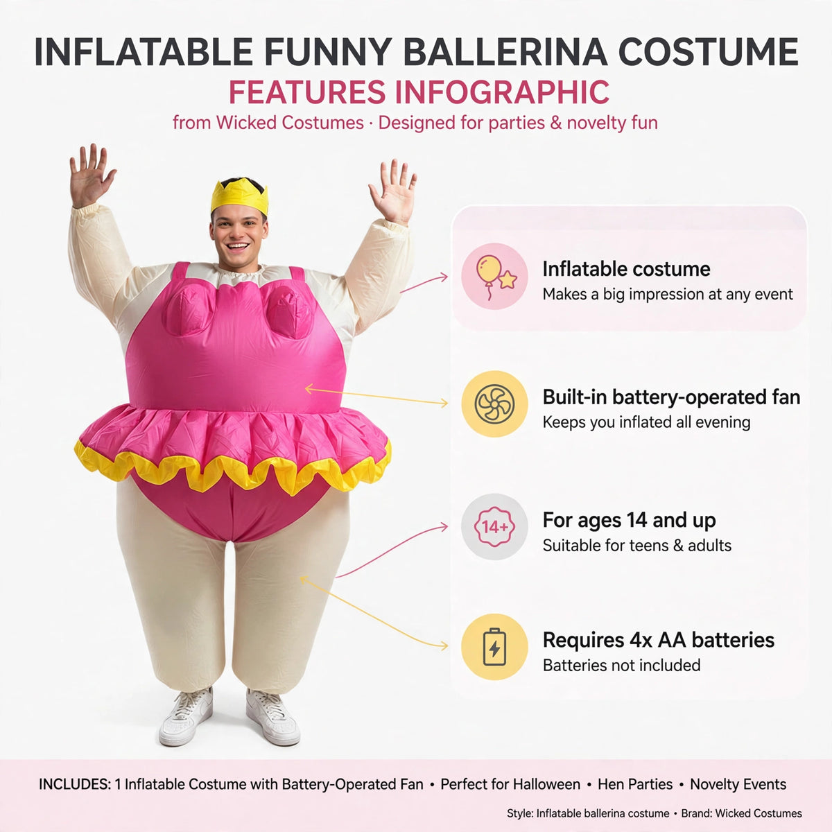 Features inflatable costume, built-in battery-operated fan, suitable for ages 14 and up