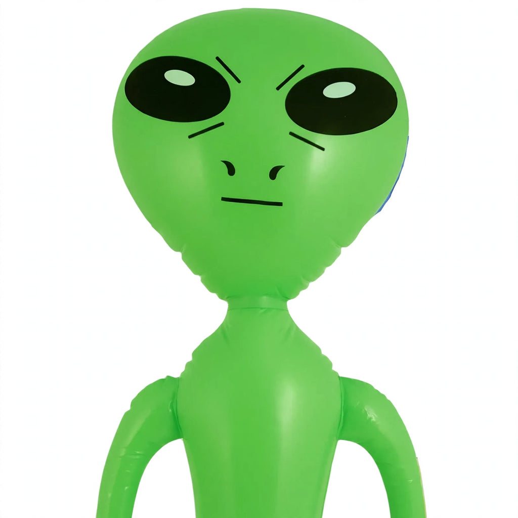 Close-up view of inflatable green alien showing classic alien design