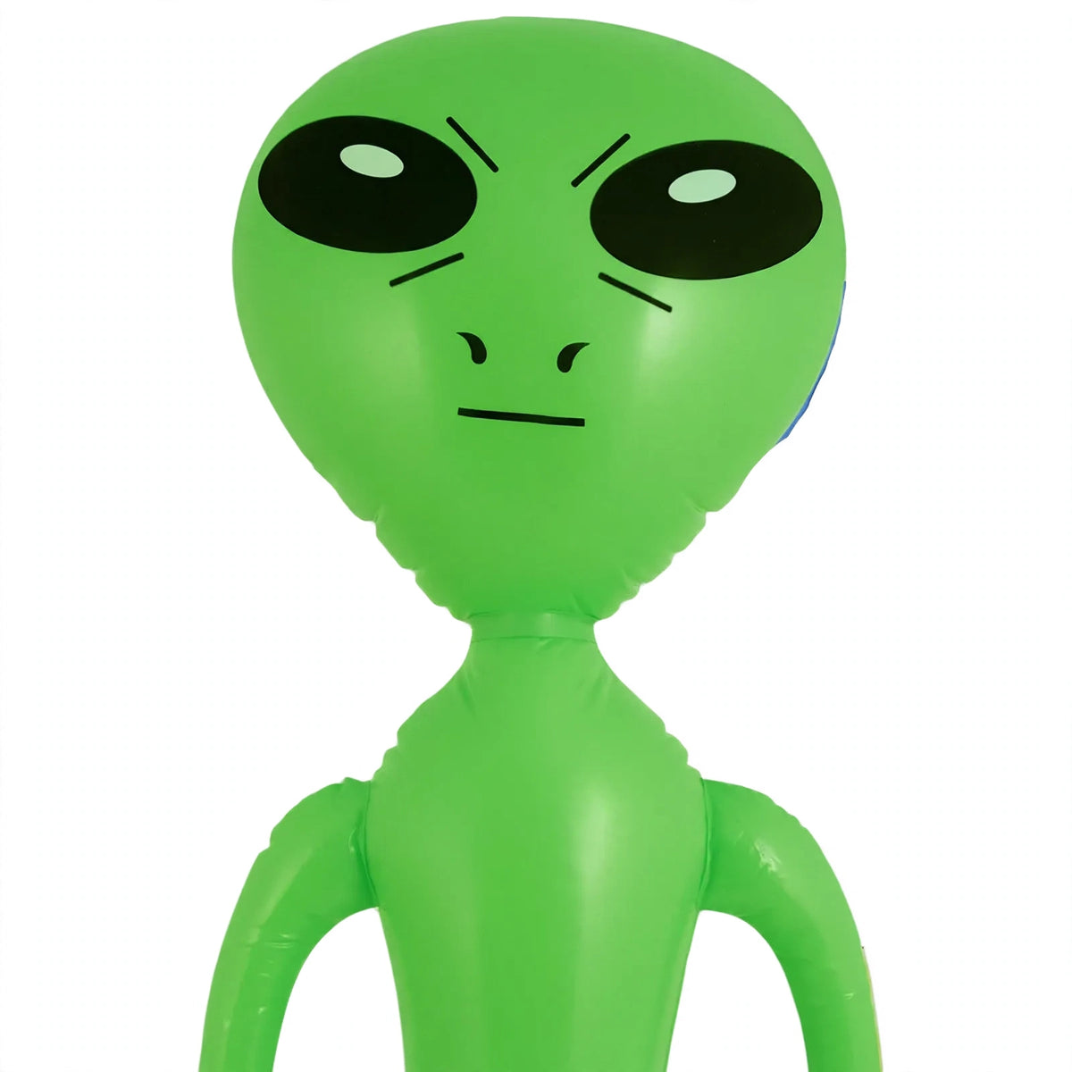 Close-up view of inflatable green alien showing classic alien design
