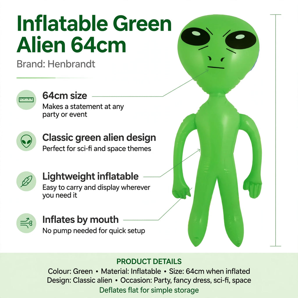 Features include 64cm size, classic green alien design, lightweight inflatable, and mouth inflation