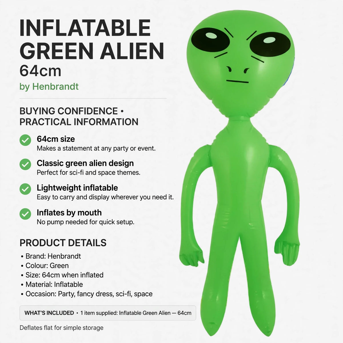 Lightweight inflatable green alien that inflates by mouth and deflates flat for storage